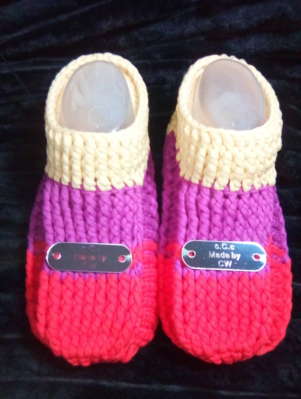Handmade Kids Crochet Slippers - Pink, Purple & Cream